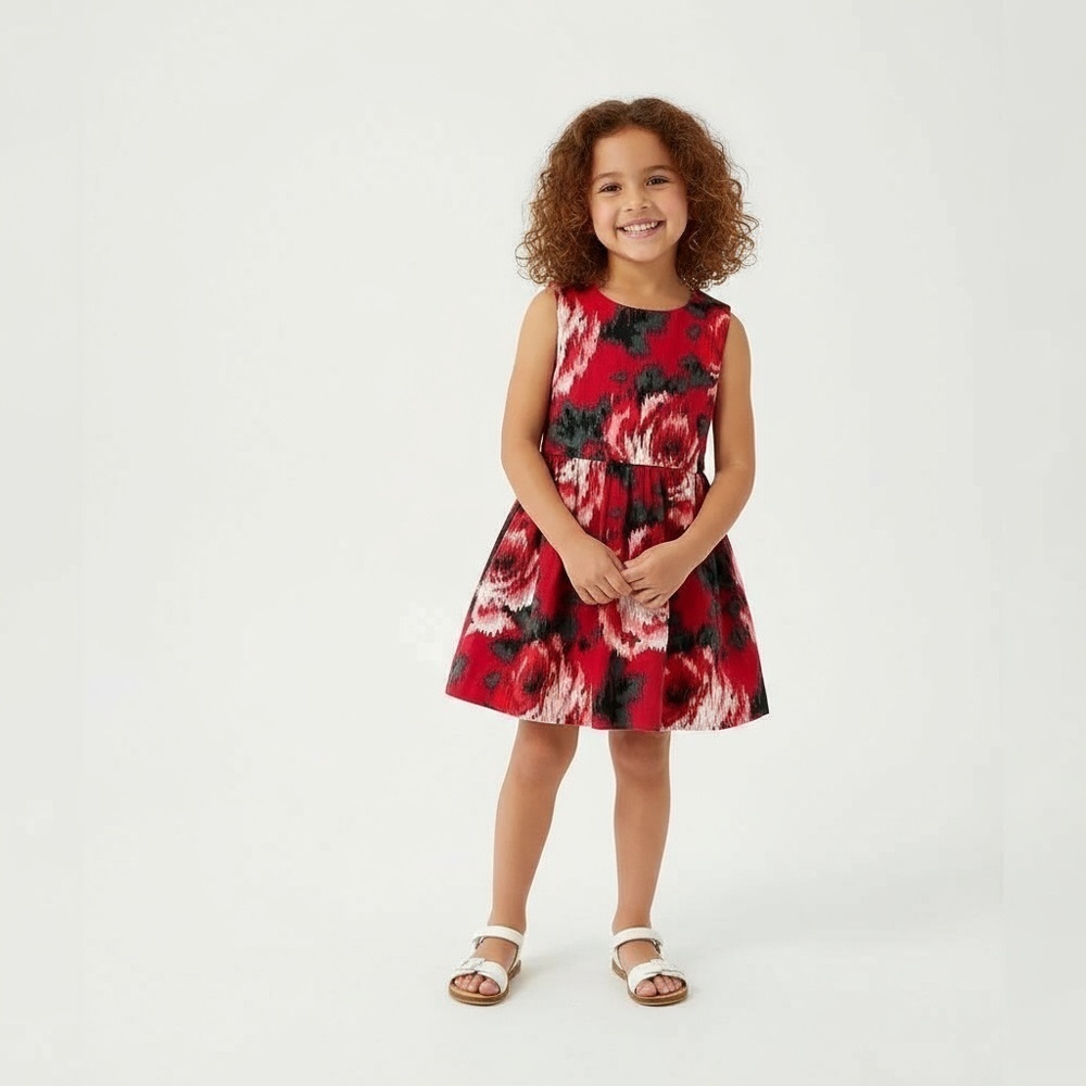 GapKids Dress Girls Size 4-5t Red Floral Rose Sleeveless Gathered Waist Casual S